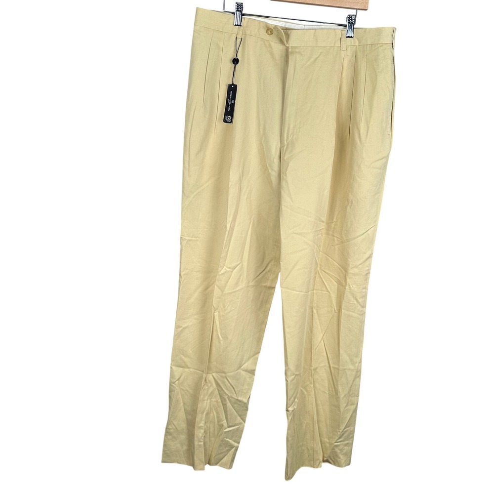 Hickey Freeman Sport Mens 38 Pleated Cotton Linen Pants Yellow Made in Italy